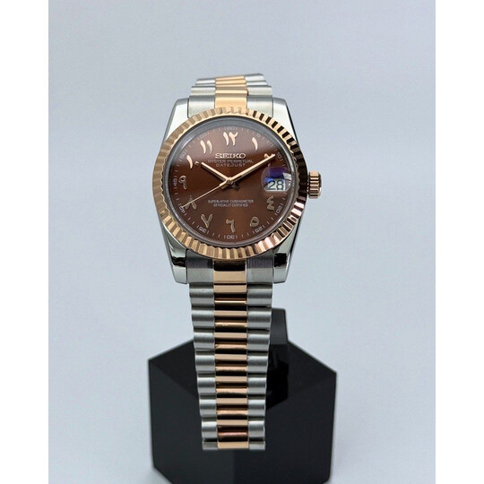 Custom Seiko Mod • 2-Tone Chocolate Brown Rose Gold Arabic President DateJust • 36mm